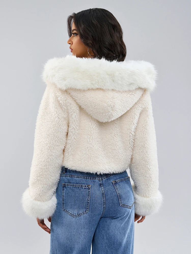 Hooded Long Sleeves Fur Thick Short Faux Fur Coat