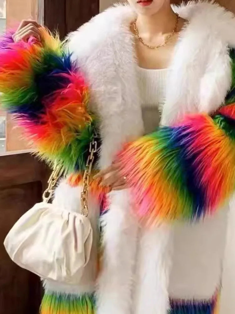 Lapel Rainbow Coloured Long Sleeves Loose Fit Faux Fur Coat