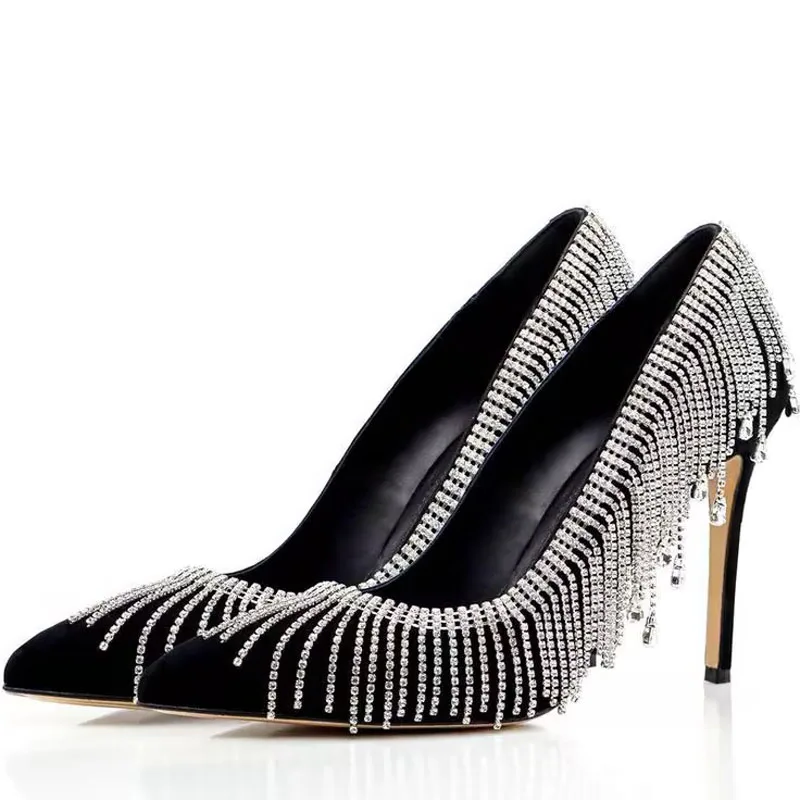 Bling Rhinestone Tassel Covered Pumps Thin High Heels Shoes