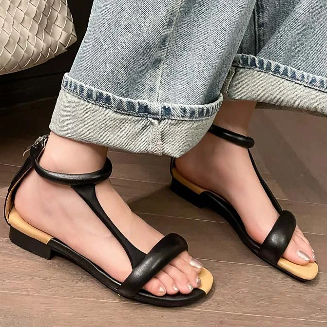 Genuine Leather Ankle Strap Casual Square Med Heels Sandals