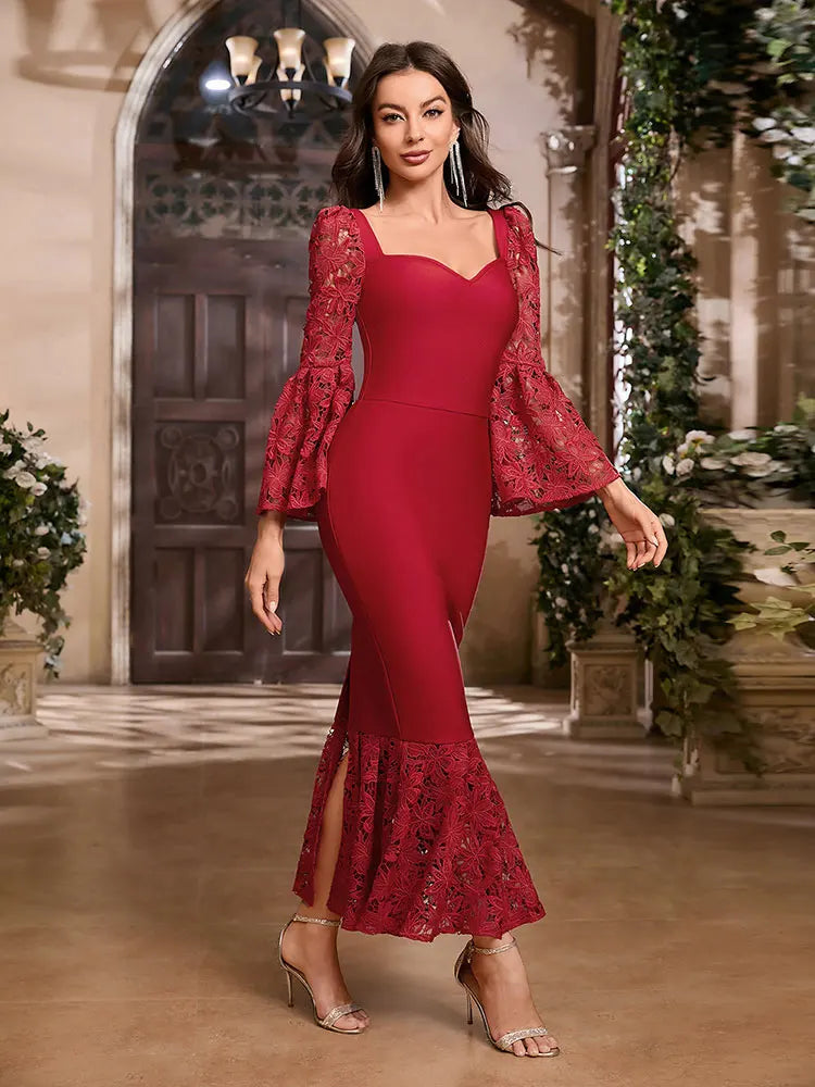 Hollow out Embroidery V-neck Flare Sleeves Mermaid Bandage Mid Dress