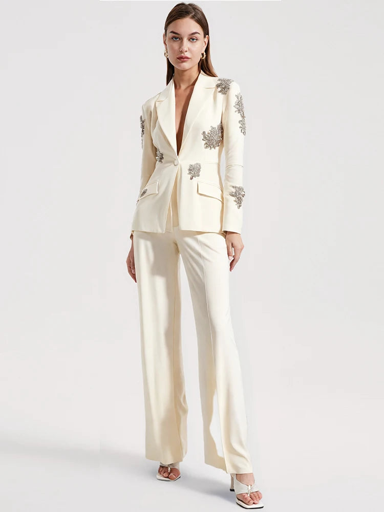 Diamonds Beaded Single Button Blazer Wide Leg Trouser Set