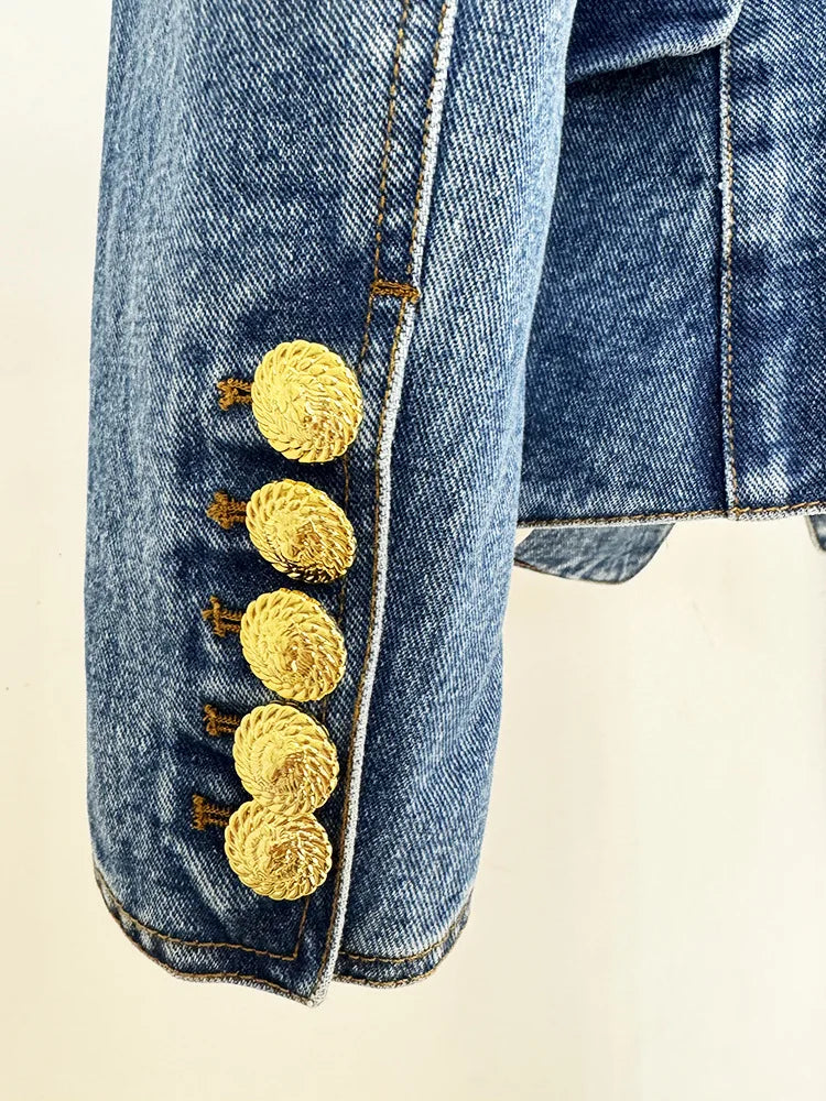 Double Breasted Lion Buttons Denim Blazer Back Zipped Mini Skirt Set