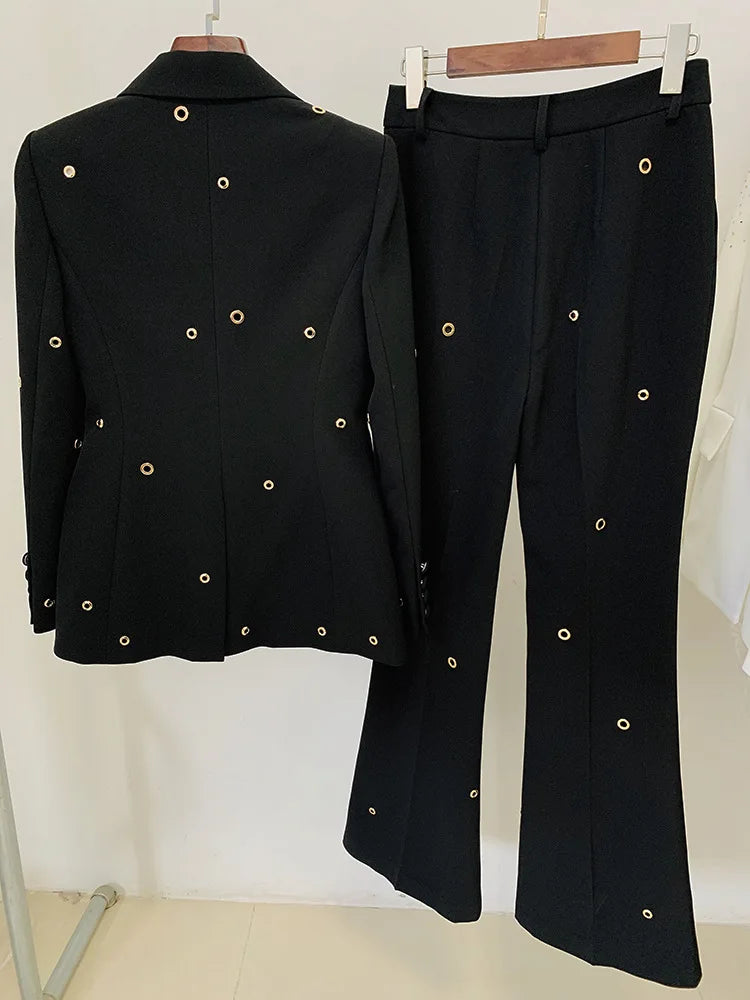 Hollow Decor Single Button Rivet Eyelet Lapel Blazer Mid Waist Trouser Set