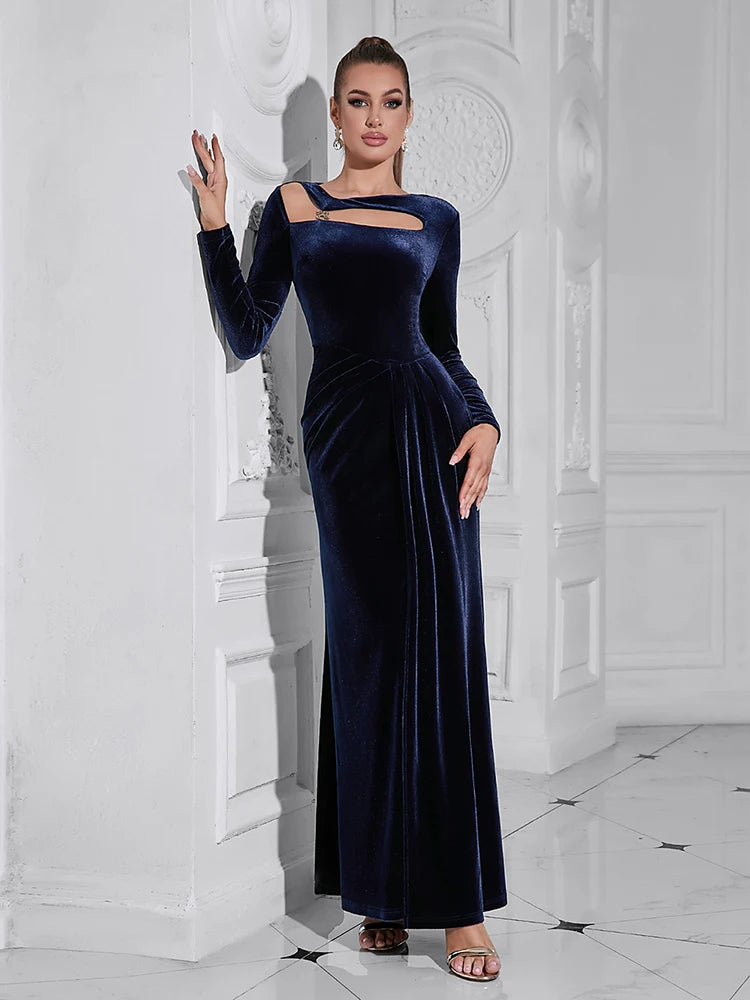 Asymmetrical Neck Long Sleeves Velvet Hollow Out Split Maxi Dress