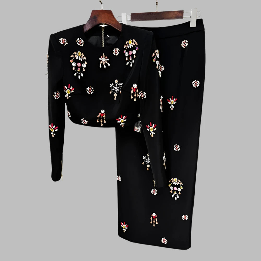 O Neck Long Sleeve Top High Waist Skirt Patchwork Diamonds Set