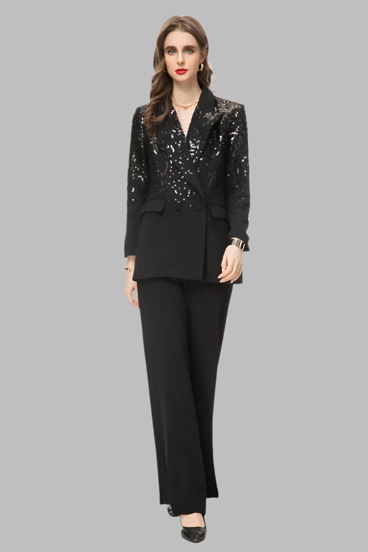 Lapel Collar Sequins Patchwork Blazer Mid Waist Straight Trousers Set