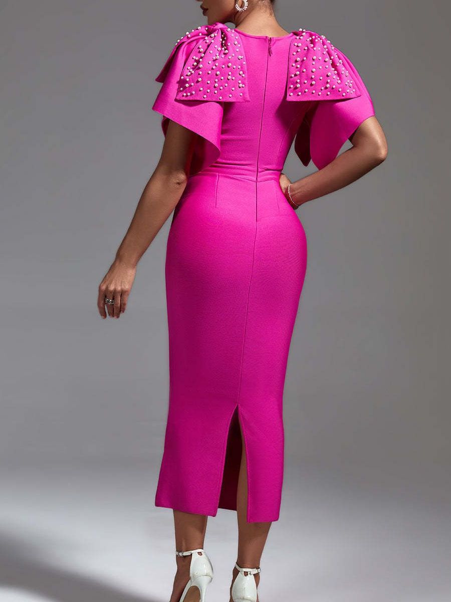 Short Sleeve Bow Tie Beaded Tight Bandage Mid Dress