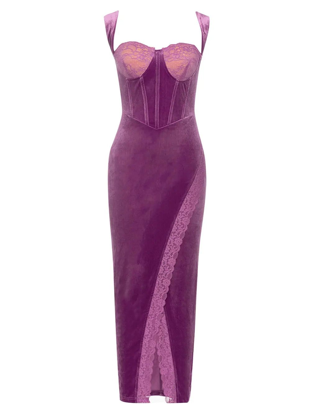 Velvet Sleeveless Lace Design Split One Side Maxi Dress