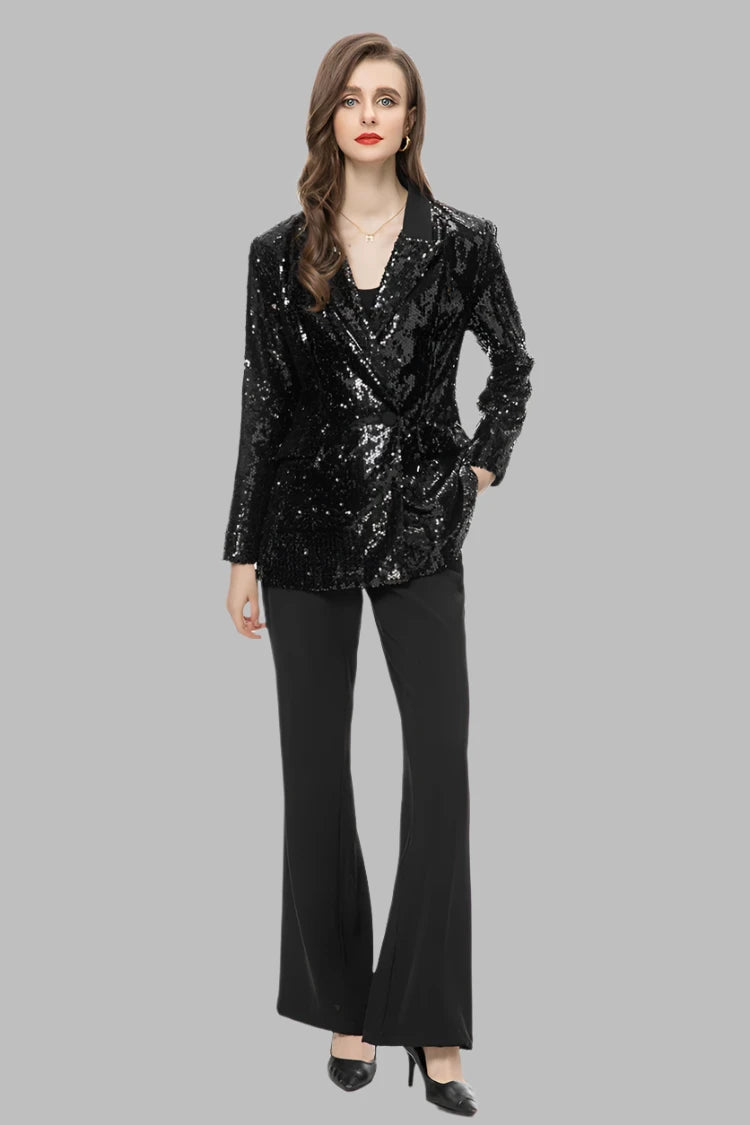 Vintage Lapel Caller Sequins Pockets Blazer Flare Trousers Set