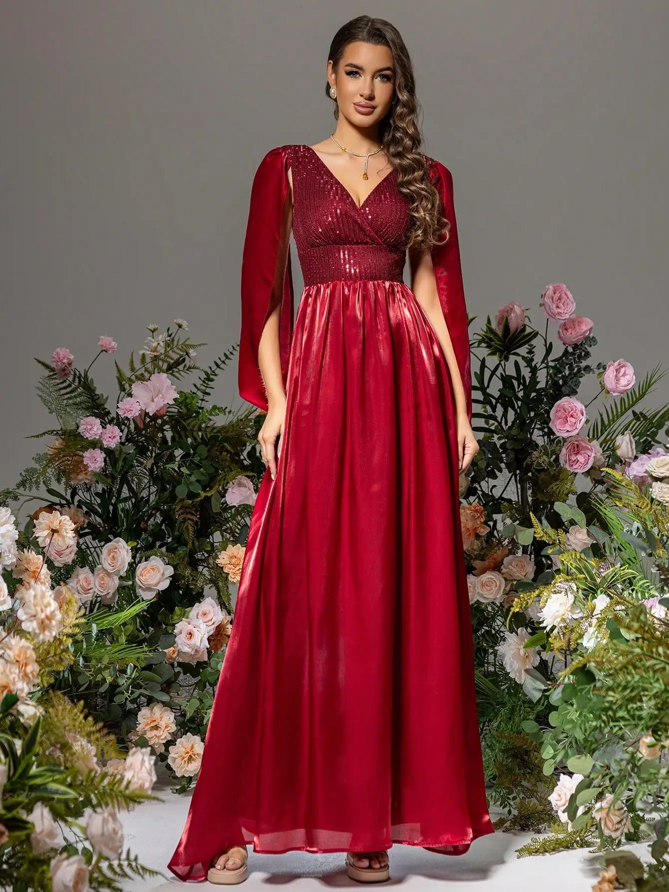 V-Neck Satin Sequin Patchwork Split Sleeve Formal Prom Maxi Dress