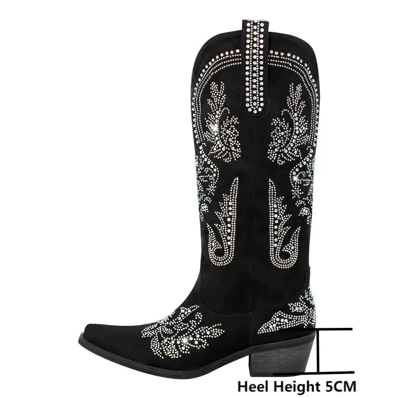 Flock Pointed Toe Rhinestone SLIP-ON Square Heel Boots