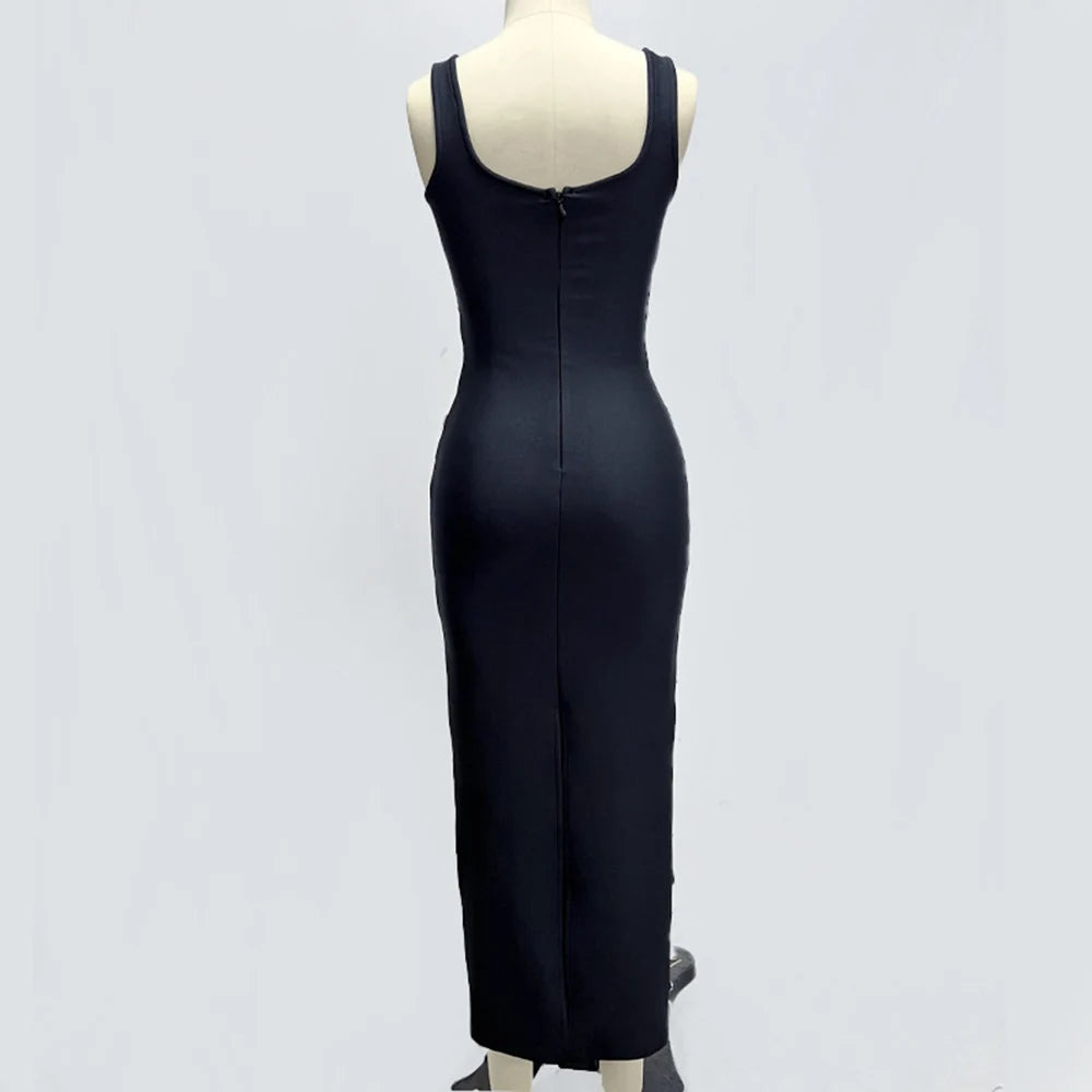 Sleeveless Square Neck Rhinestone Tight Maxi Bandage Dress