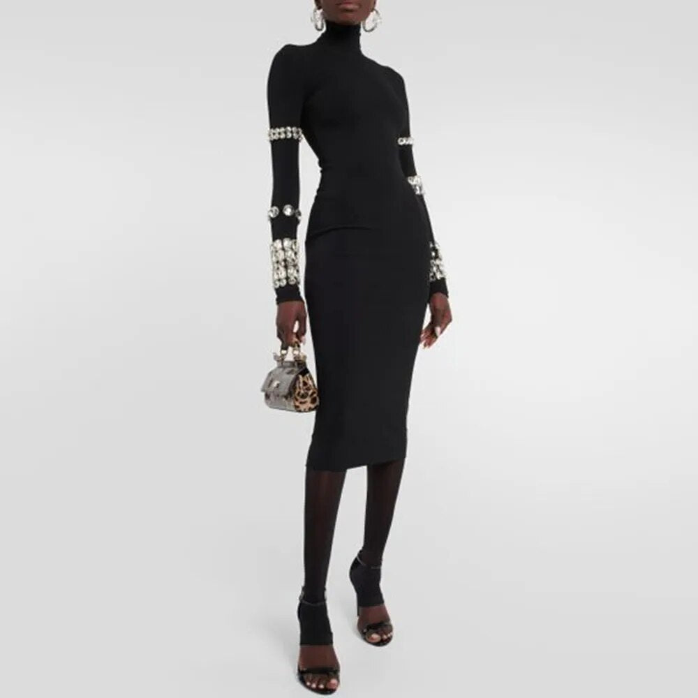 Stand O-Neck  Long Sleeve Diamond Decor Bandage Mid Dress