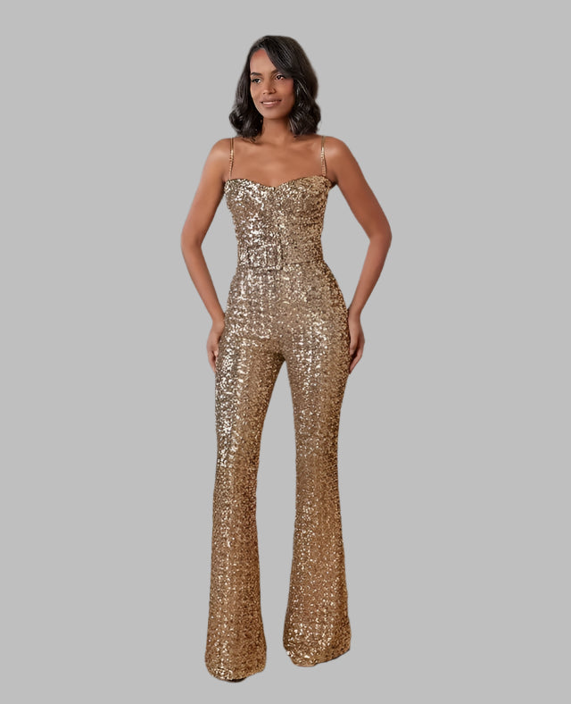 Sleeveless Sequins Spaghetti Strap Belted Wide Legs Jumpsuits