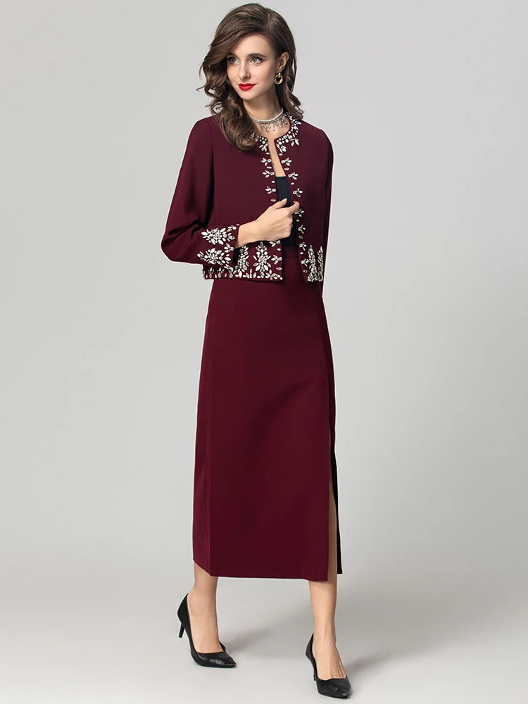 O-Neck Long Sleeves Diamonds Jacket Split Long Pencil Mid Skirt Set