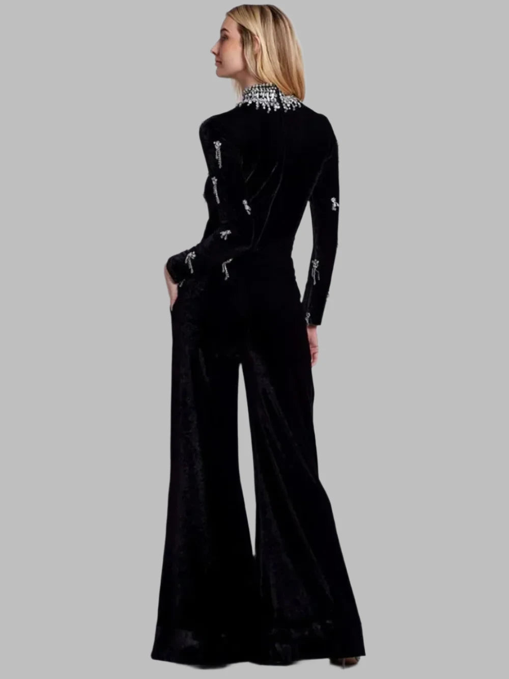 Turtleneck Beading Diamonds Tassel Long Sleeve Wide Leg Bandage Jumpsuits