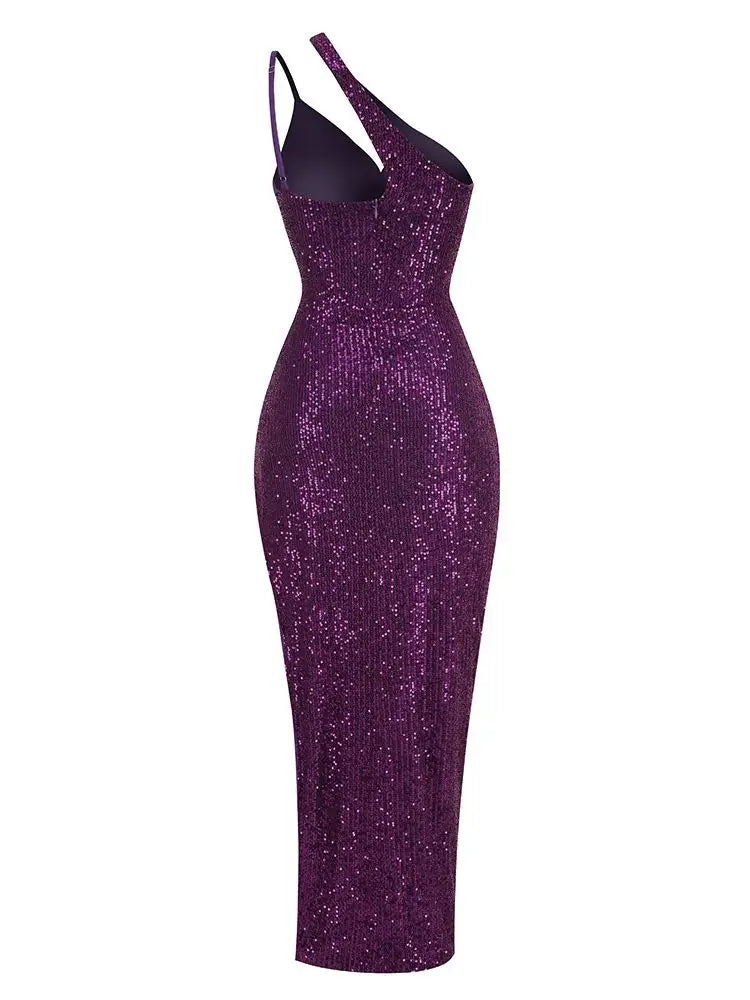 One Shoulder Sleeveless One Side High Split Sequin Maxi Dress