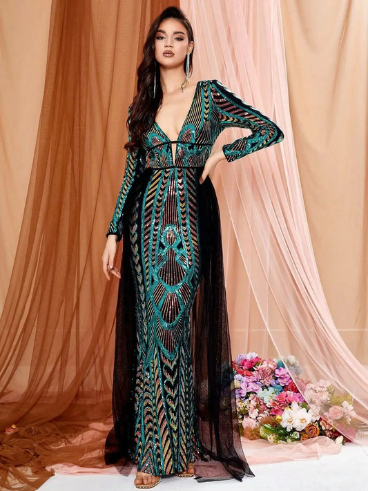 V-neck Long Sleeve Geometric Pattern Slim Sequin Mermaid Maxi Dress