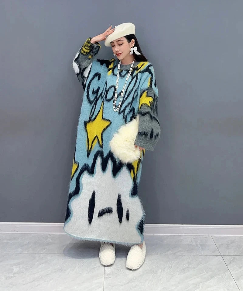 Printed O-Neck Long Sleeve Thick Maxi Knitted Pullover Dress