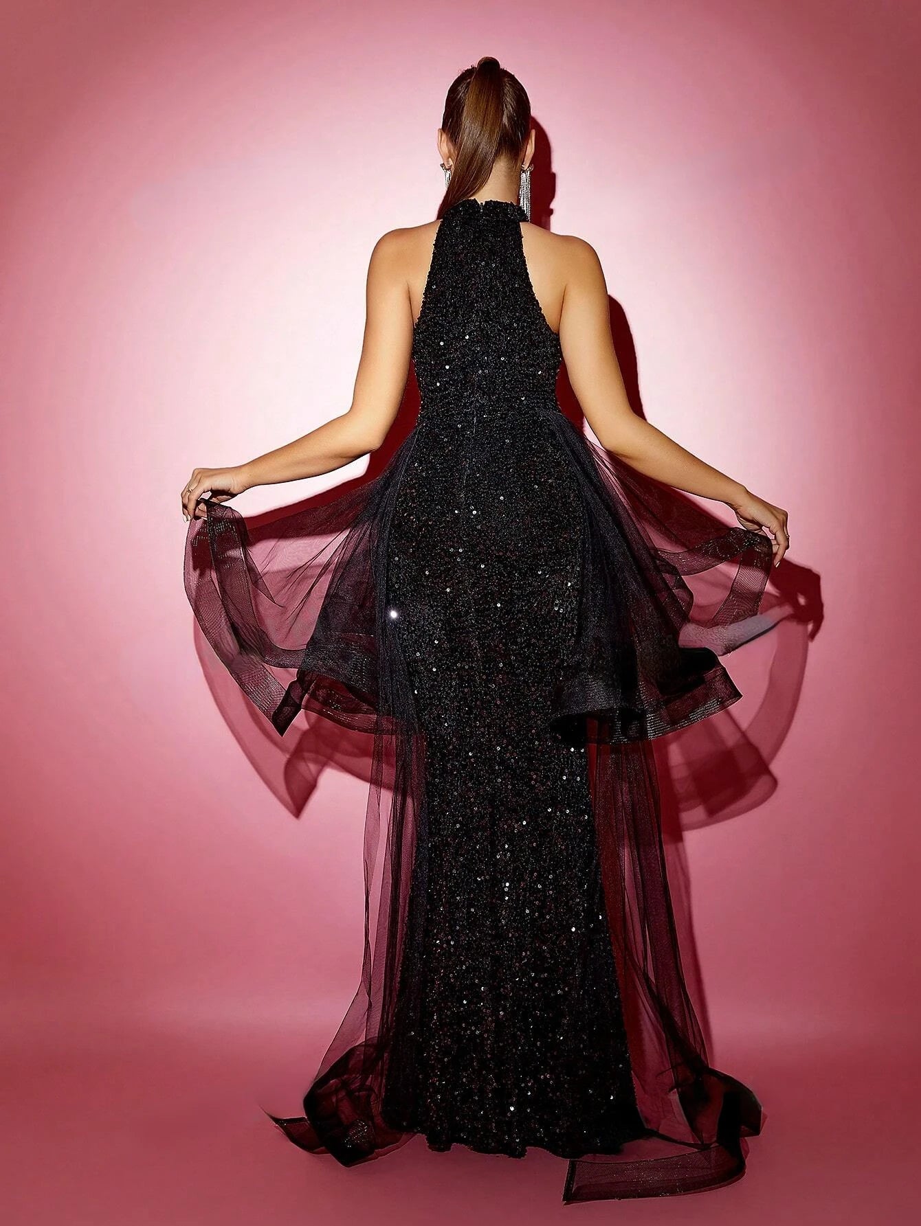 Glitter Embellished Mesh Mermaid Halter Evening Maxi Dress