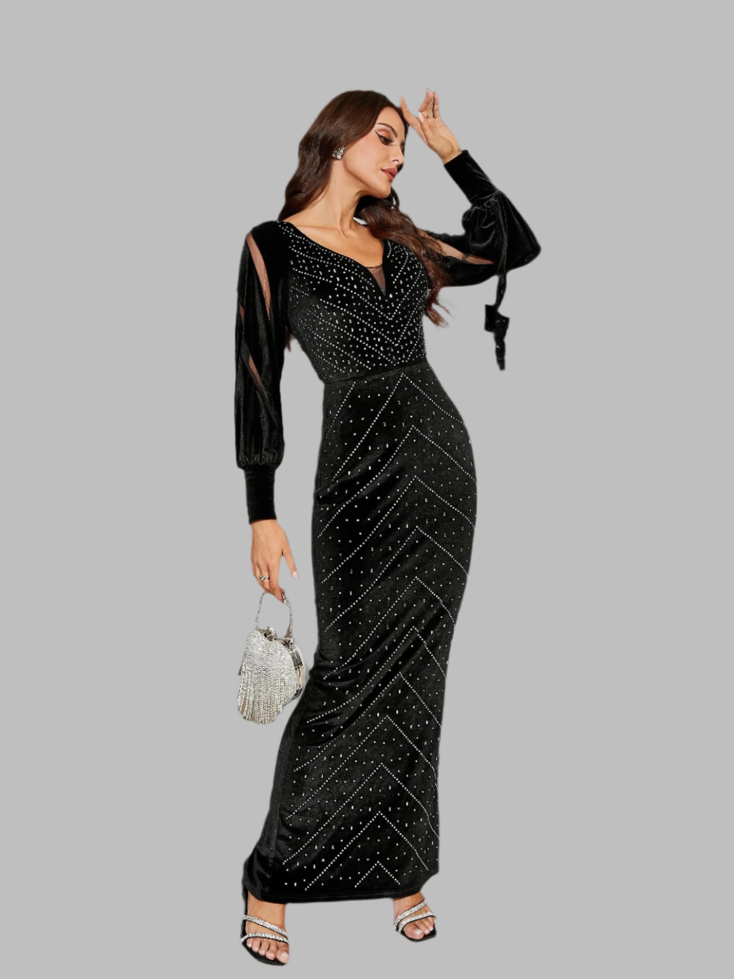 V Neck Long Sleeve Sequin Mermaid Velvet Formal Maxi Dress