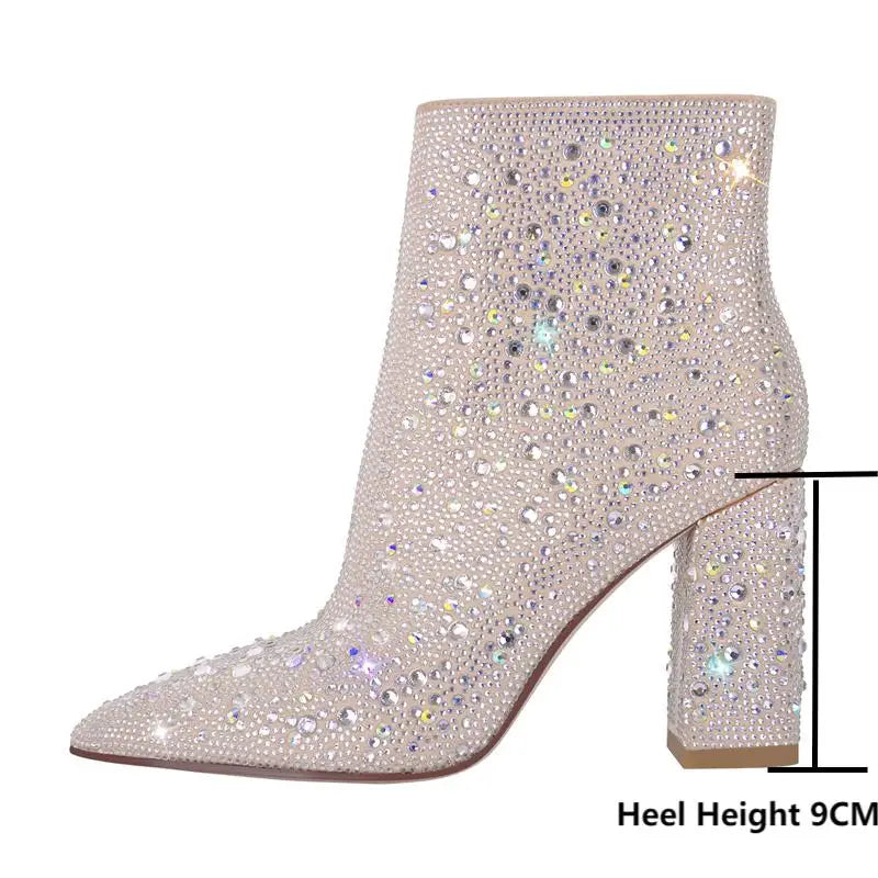 Pointed Toe Silver Rhinestone Glitter Bling Shiny Ankle Boots