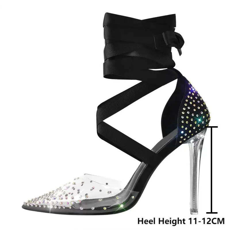 Pointed Toe Clear PVC Ankle Strap Pumps Lace-UP Thin High Heel Shoes