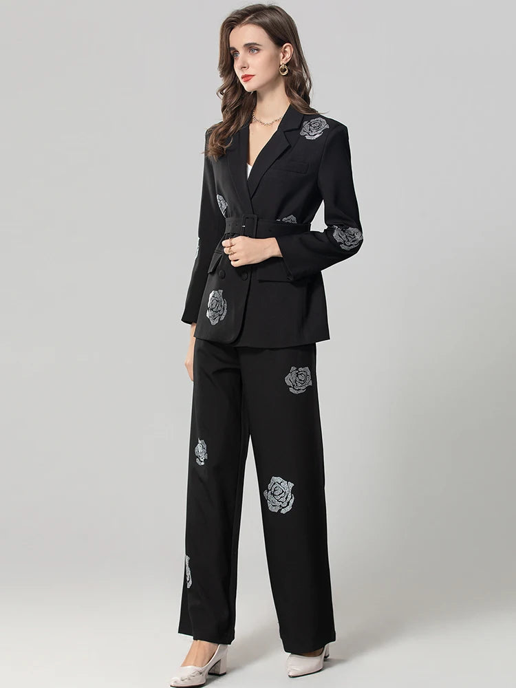 Crystal Floral Patchwork Double Breasted Blazer Strait Trouser Set