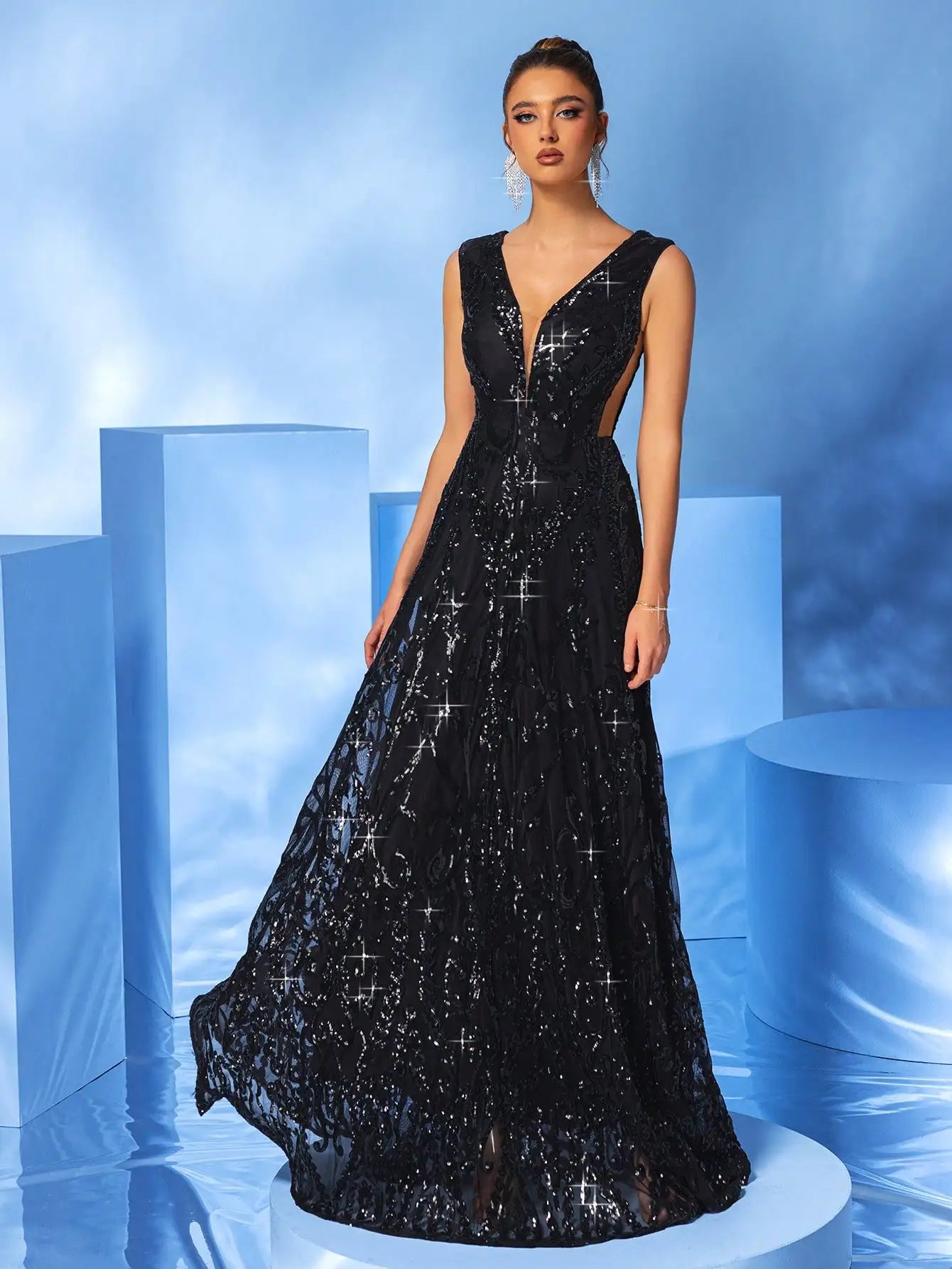 V Neck Sleeveless Black A-LINE Sequin Maxi Dress