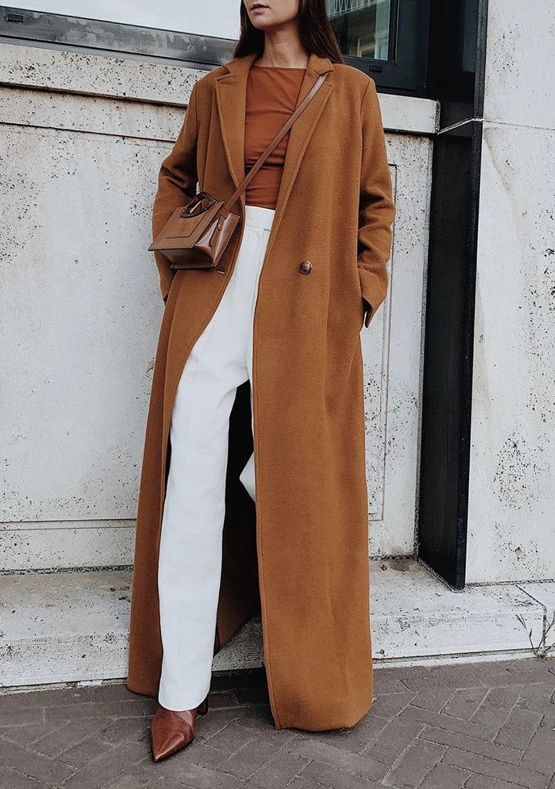 Notched Collar Single Button Long Sleeve Slim Woollen Maxi Overcoat