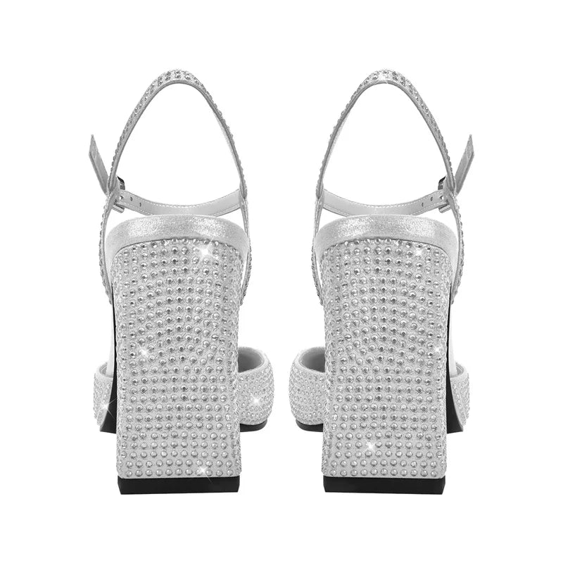 Square Toe Rhinestone Ankle Strap Pumps Chunky Heel Shoes