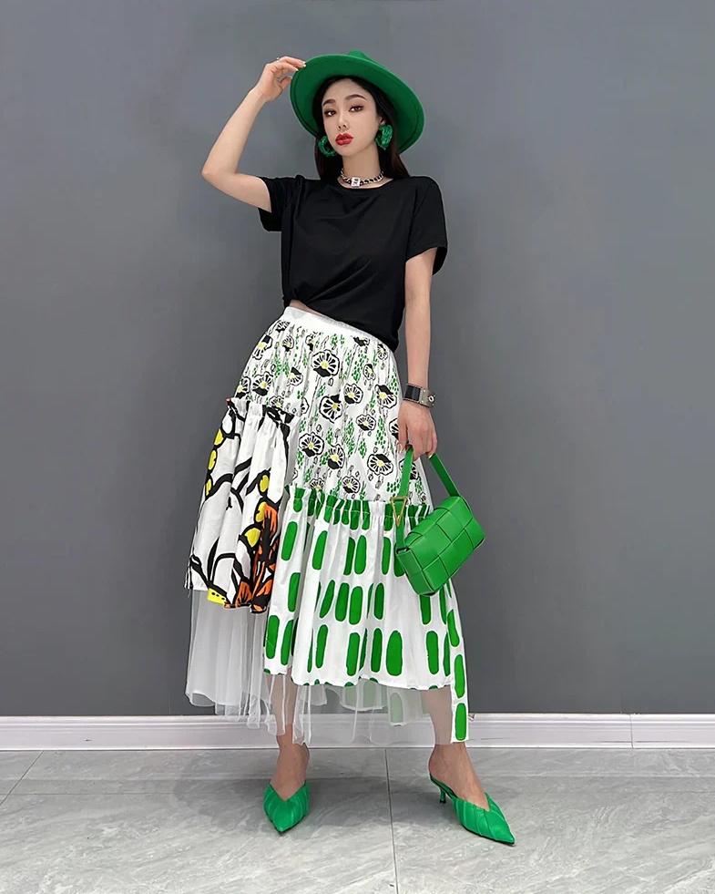 Printed Mesh Spliced Contrast Colour Elastic Waist A-line Skirts