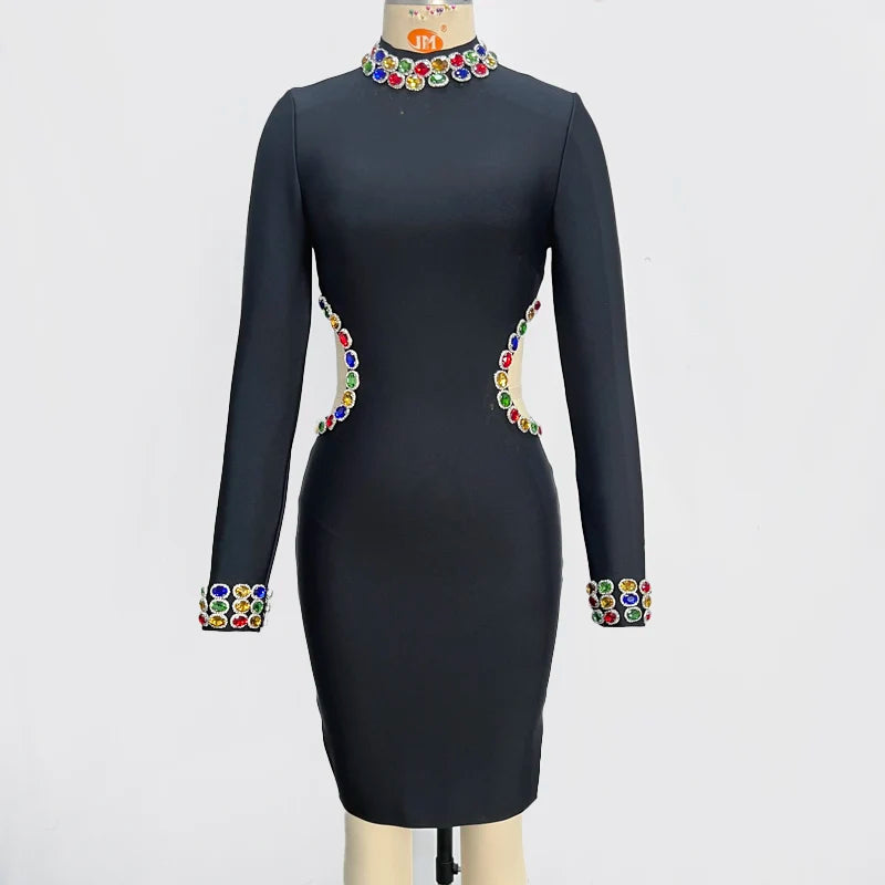 Long Sleeve Colourful Crystal Waist Hollow Out Mini Bandage Dress