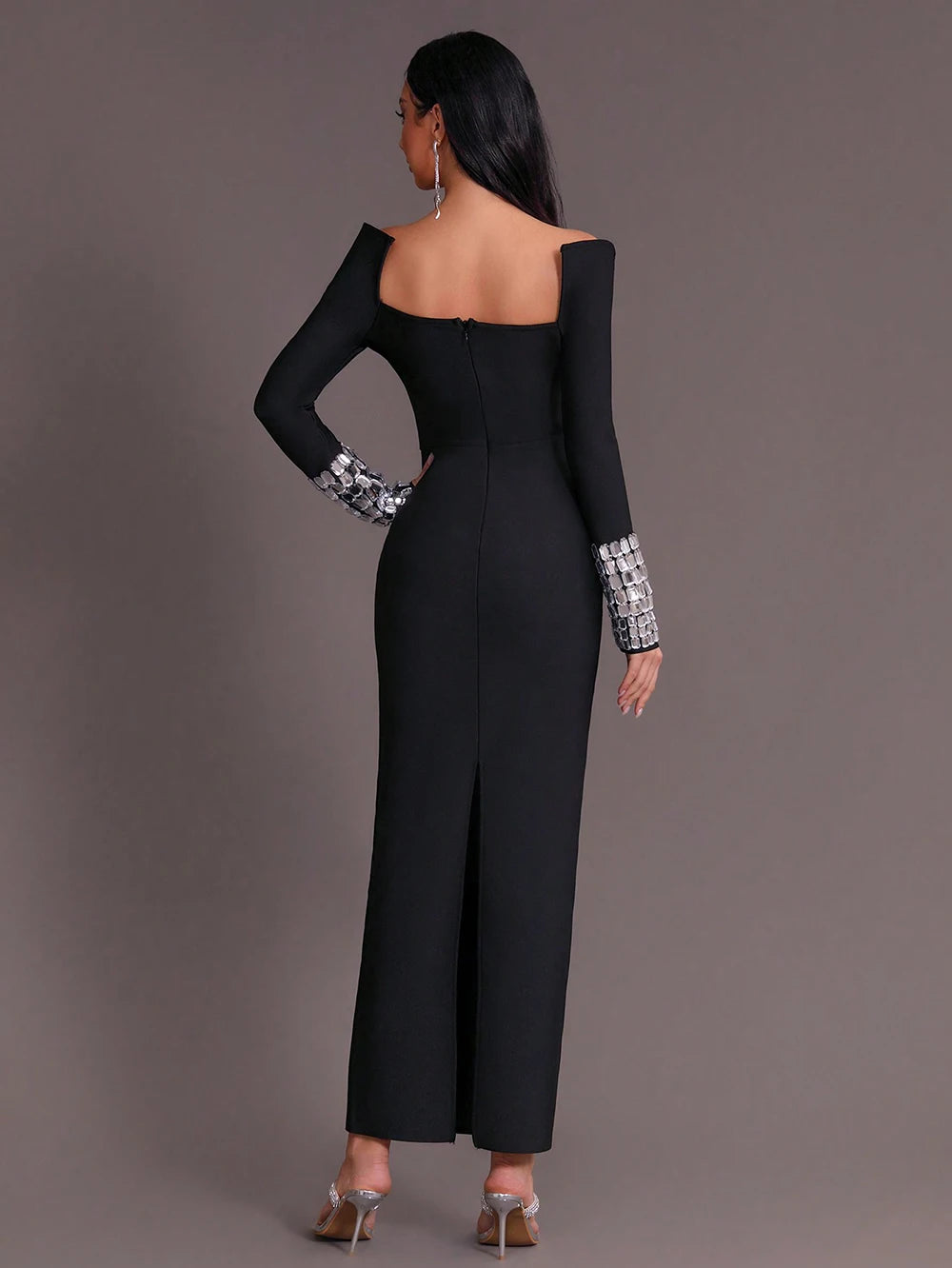 Square Neck Diamond Decor Long Sleeve Tight Maxi Bandage