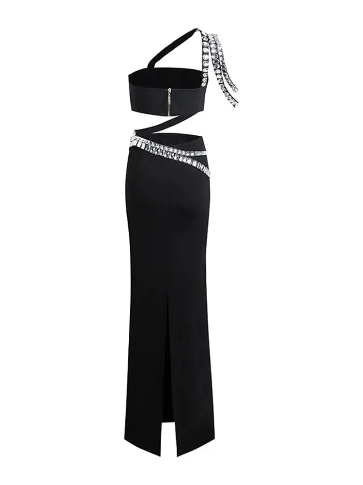 Slash neck Diamond Short Top Tight Maxi Skirt Set