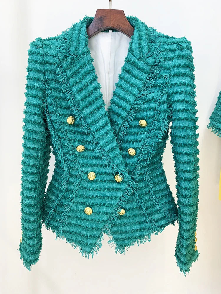 Button Decor Long Sleeve Woollen Blazer Tassel Edge Tweed Mini Short Set