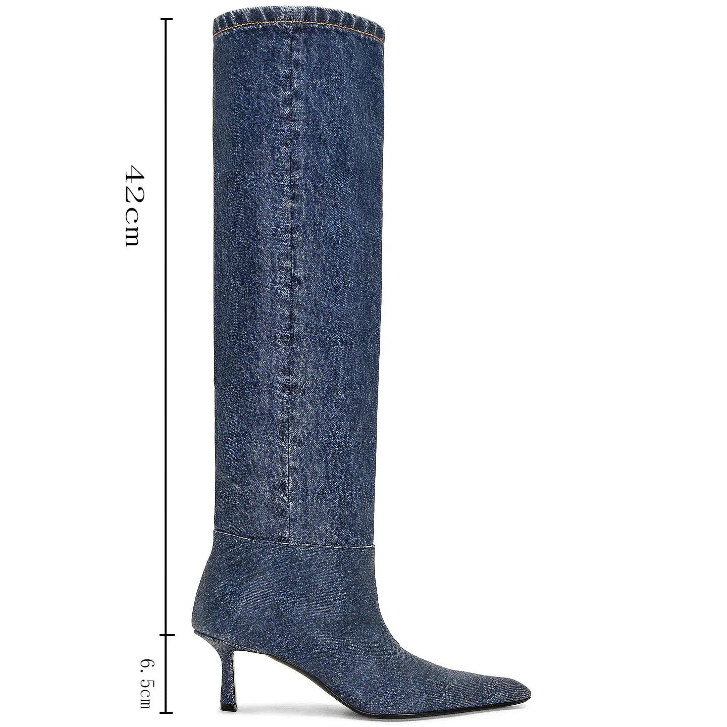 Denim Pointed Toe Tin Mid Heel Knee Boots