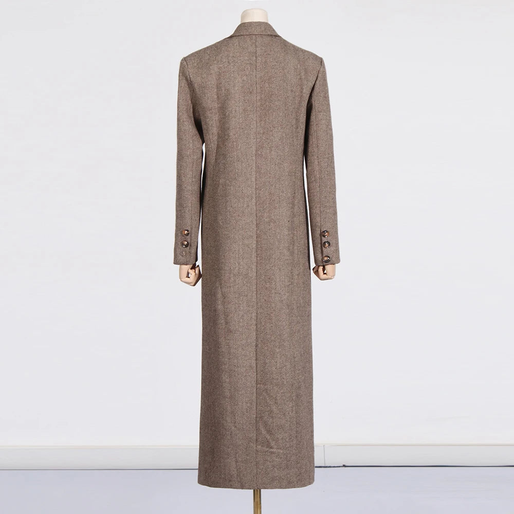 Patchwork Pockets Loose Long Sleeve Spliced Button Maxi Coat