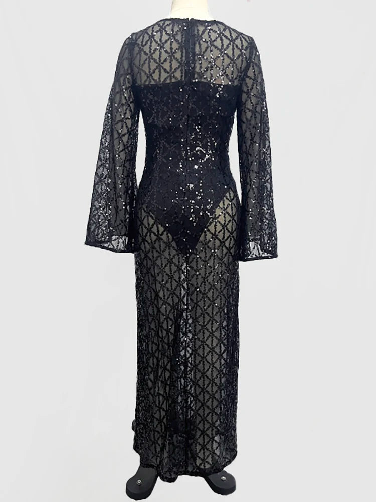 O Neck Flare Long Sleeves See Bodysuit Through Mesh Sequins Slim Dress