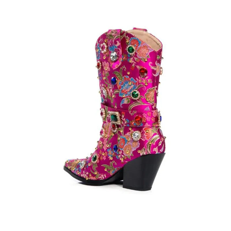 Flower Embroider Diamond Pointed Toe High Heel Ankle Boots