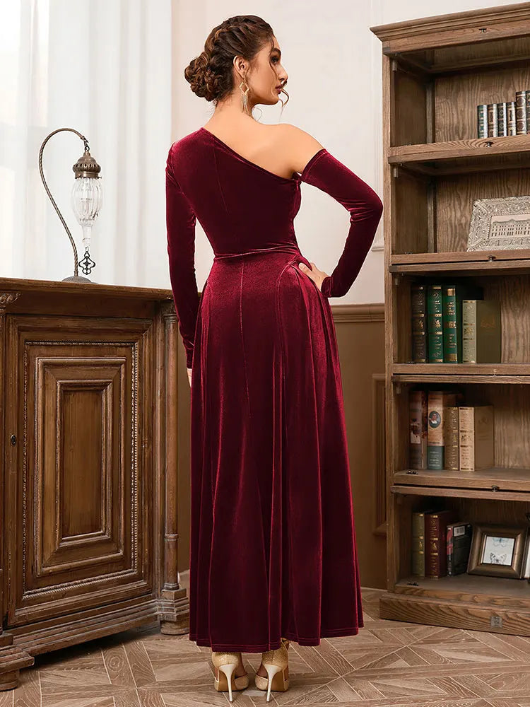 Velvet Slant Neck Long Sleeve Loose Hundred pleats Maxi Dress