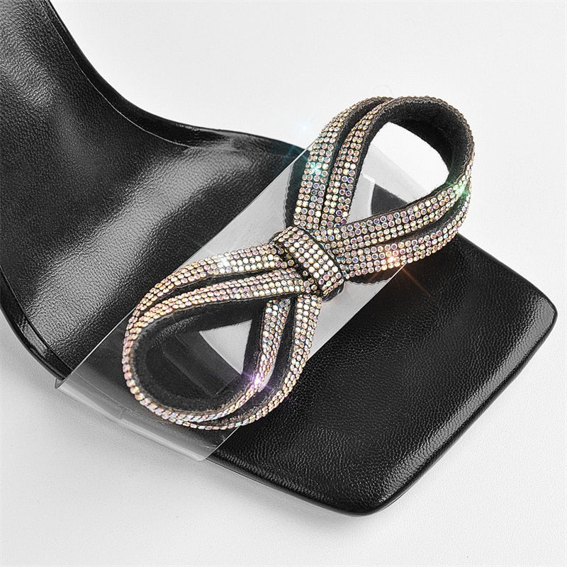 Square Toe Clear Band Bow Rhinestone Lace Up Sandals