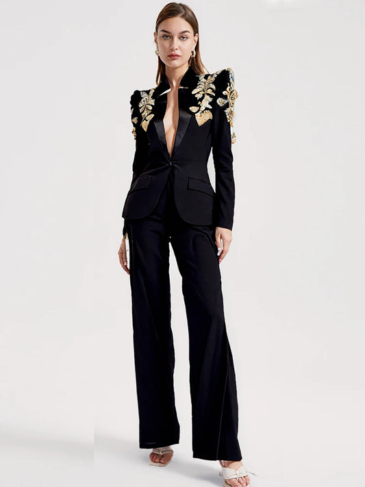 3D Flower Studded Diamonds Beaded Blazer Split Wide Leg Mid Waist Trouser Set