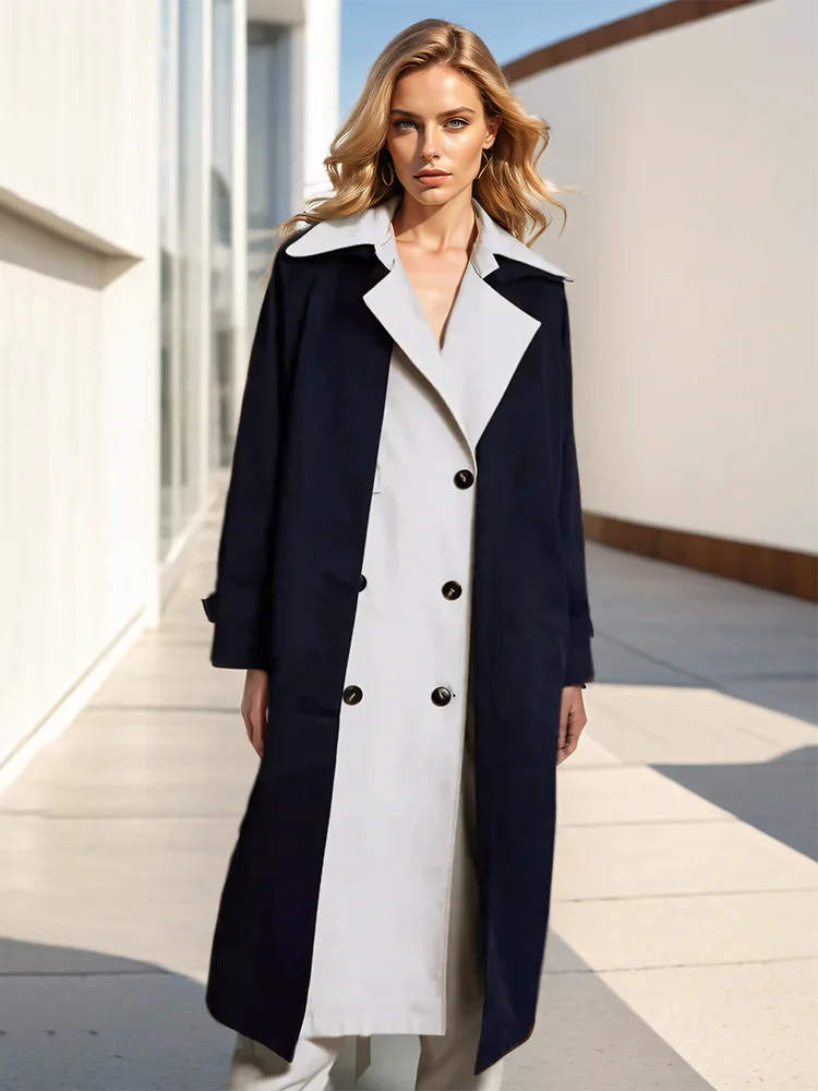 Lapel Loose Contrast Colour Patchwork Sashes Long Sleeve Trench Coat