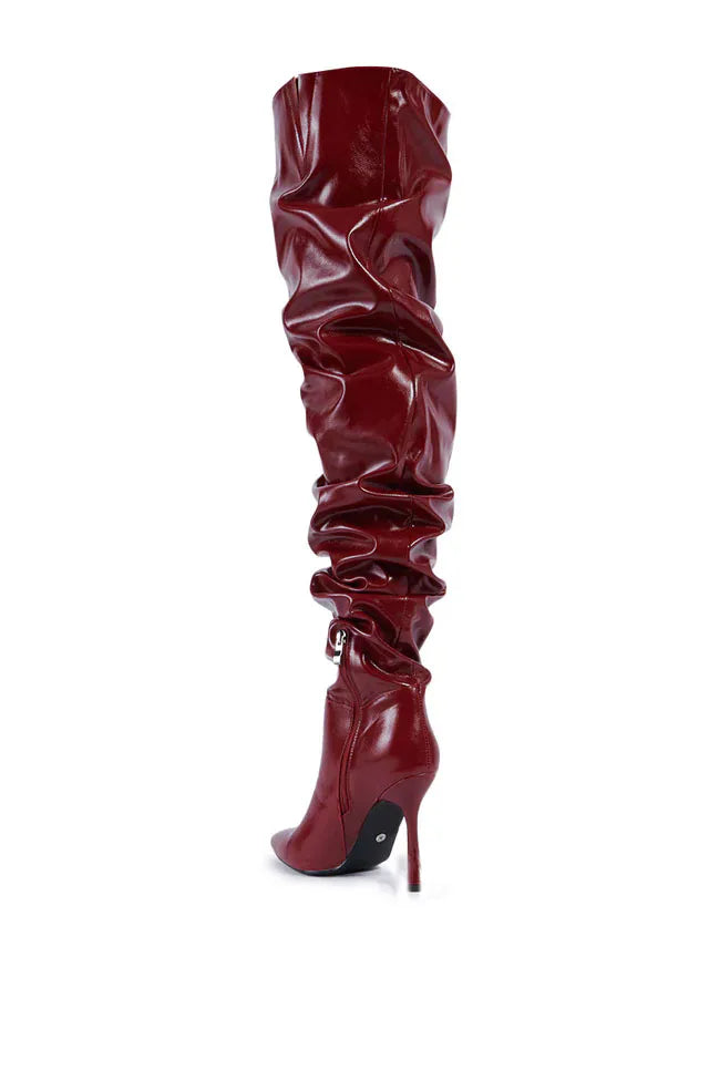 Pleated Patent Leather Pointed Toe Heels Pumps Over The Knee High Boots