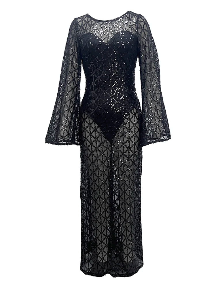 O Neck Flare Long Sleeves See Bodysuit Through Mesh Sequins Slim Dress