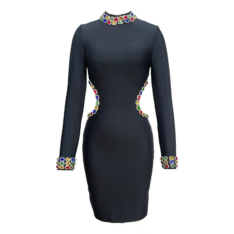 Long Sleeve Colourful Crystal Waist Hollow Out Mini Bandage Dress