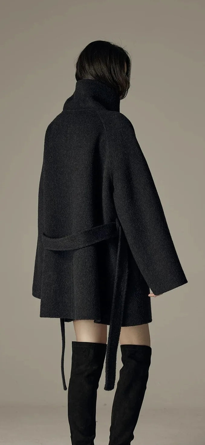 Turtleneck Loose Single Breasted Sashes Short Blends Woollen Overcoat