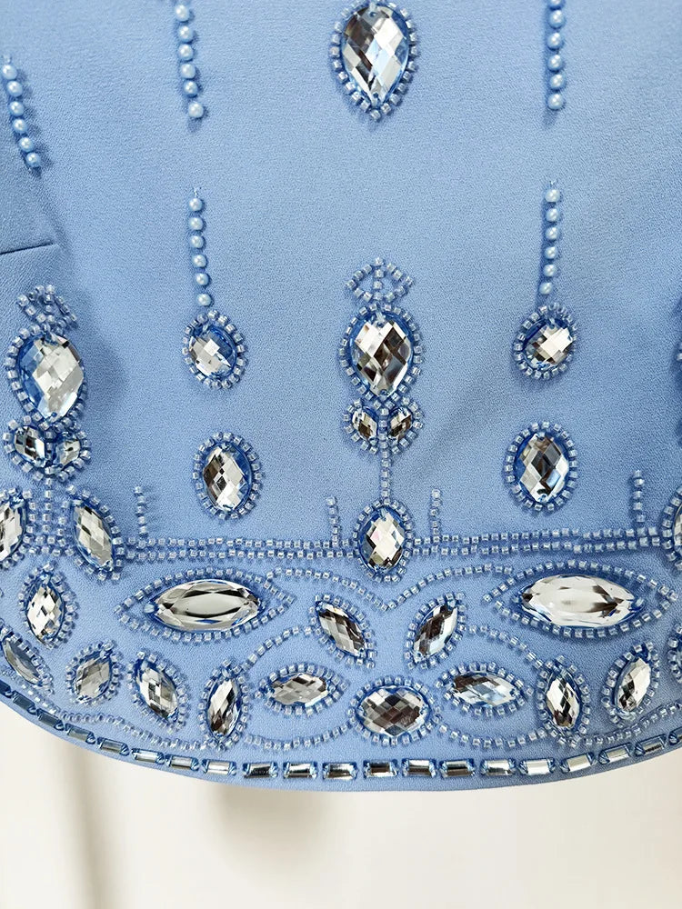 Stand O-Neck Beaded Diamond Patchwork Mini Top Mini Skirt Set